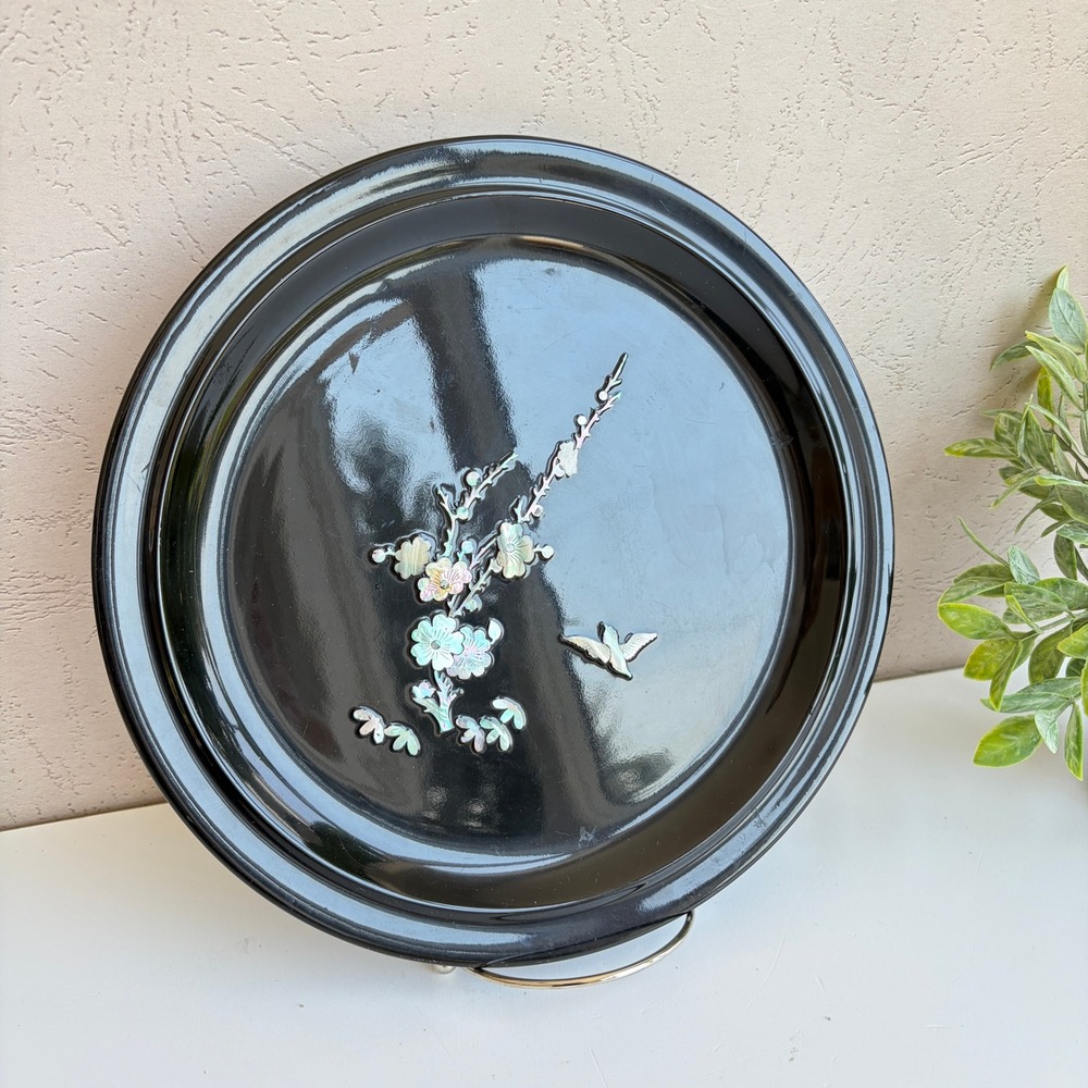 Vintage Korean Mother of Pearl Inlay Black Lacquer Round Tray Bird Plum Blossom